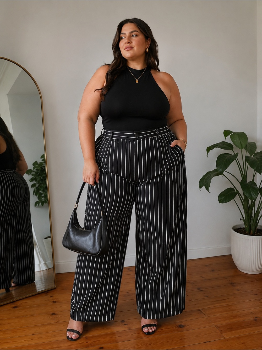 Tronjori High-Waist Wide Leg Pinstripe Pants Size 2XL